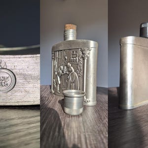 Frasco de bolsillo vintage con adornos artísticos, frasco en relieve de Alemania, minibotella de peltre, frasco adornado con 95 % Zinn, regalo inusual para él. imagen 2