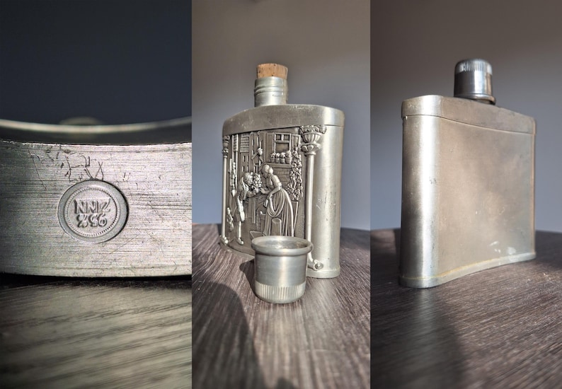 Frasco de bolsillo vintage con adornos artísticos, frasco en relieve de Alemania, minibotella de peltre, frasco adornado con 95 % Zinn, regalo inusual para él. imagen 2