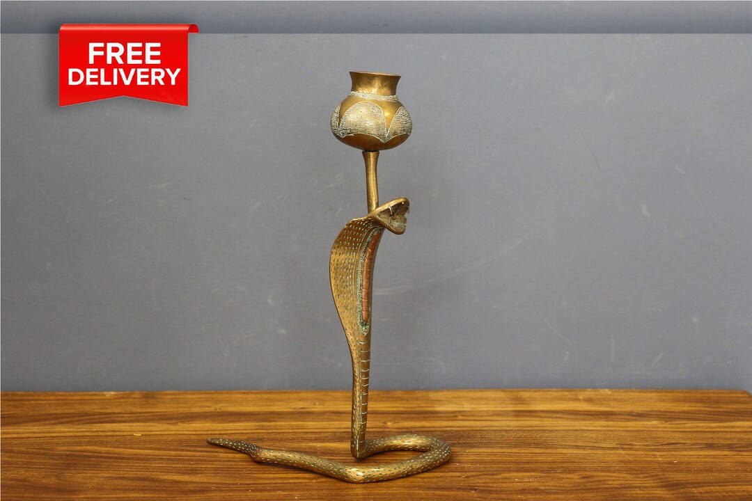 Antique Brass Cobra Candlestick, Bohemian Decor Snake Candle Holder