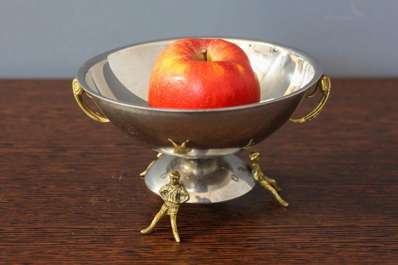 Gold Plated Bowl with Feet, Mirror Fruit Bowl with Handles, Small Tray With feet-men, Round Centerpiece Candy Dish, Repousse Gilded Bowl. image 4