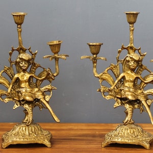Antique Brass Candlesticks With Cherubs, Candelabras Putti Angels, Religious decor for home altar catholi, Candlesticks for the fireplace.