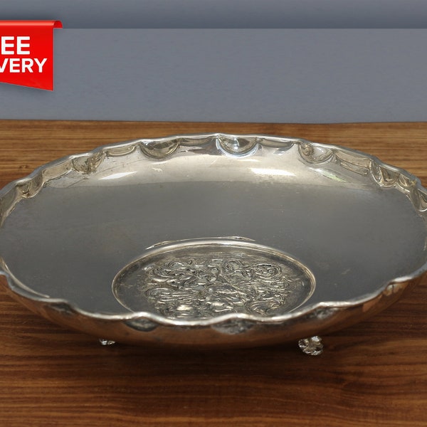 Silver-Plated Bowl with Bird Design, Ornate Round Plateau, Embossed Serving Dish, Footed Silver Bowl, Elegant Baroque Style Silver Bowl.