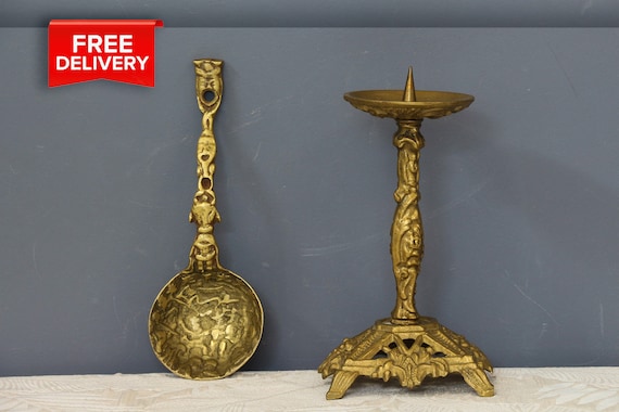 Bronze Pillar Candle Holder, Ormolu Pricket Candlestick and Spoon