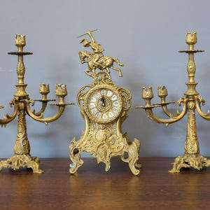 Vintage Brass Mantel Clock Set, Man on Horse, 5-Arm Candelabras