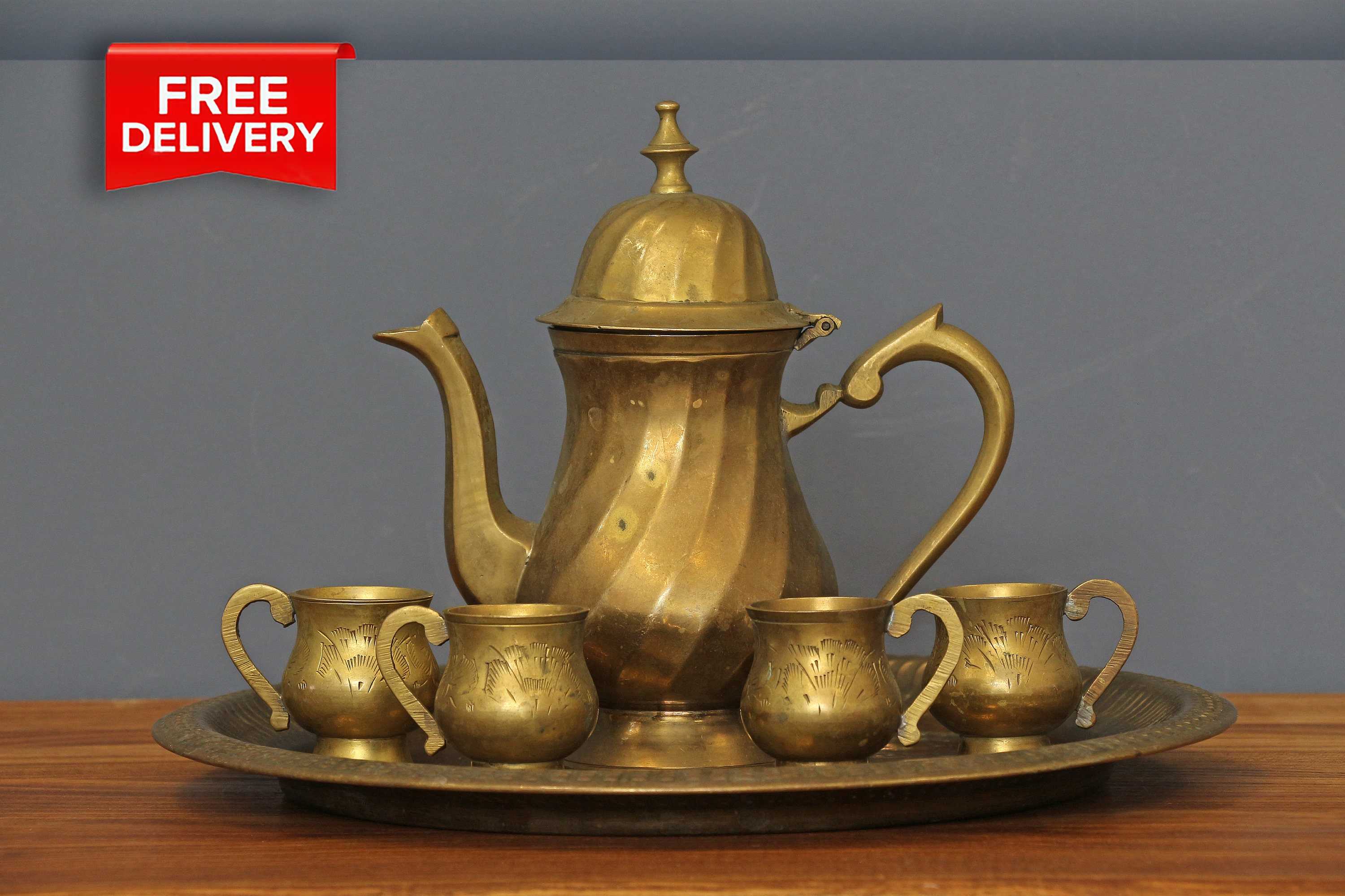 Antique Brass Teapot and Cups, Very Old Indian Tea Set, Brass Coffee Pot  Cups and Tray, Brass Kettle, Brass Tray, Brass Cups. 