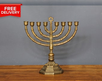Antique Brass Jerusalem Candlestick 8 arms, Jewish Ornate Brass Candle Holder, Menorah Brass Candelabra, Judaica Candlestick For 8 Candles.