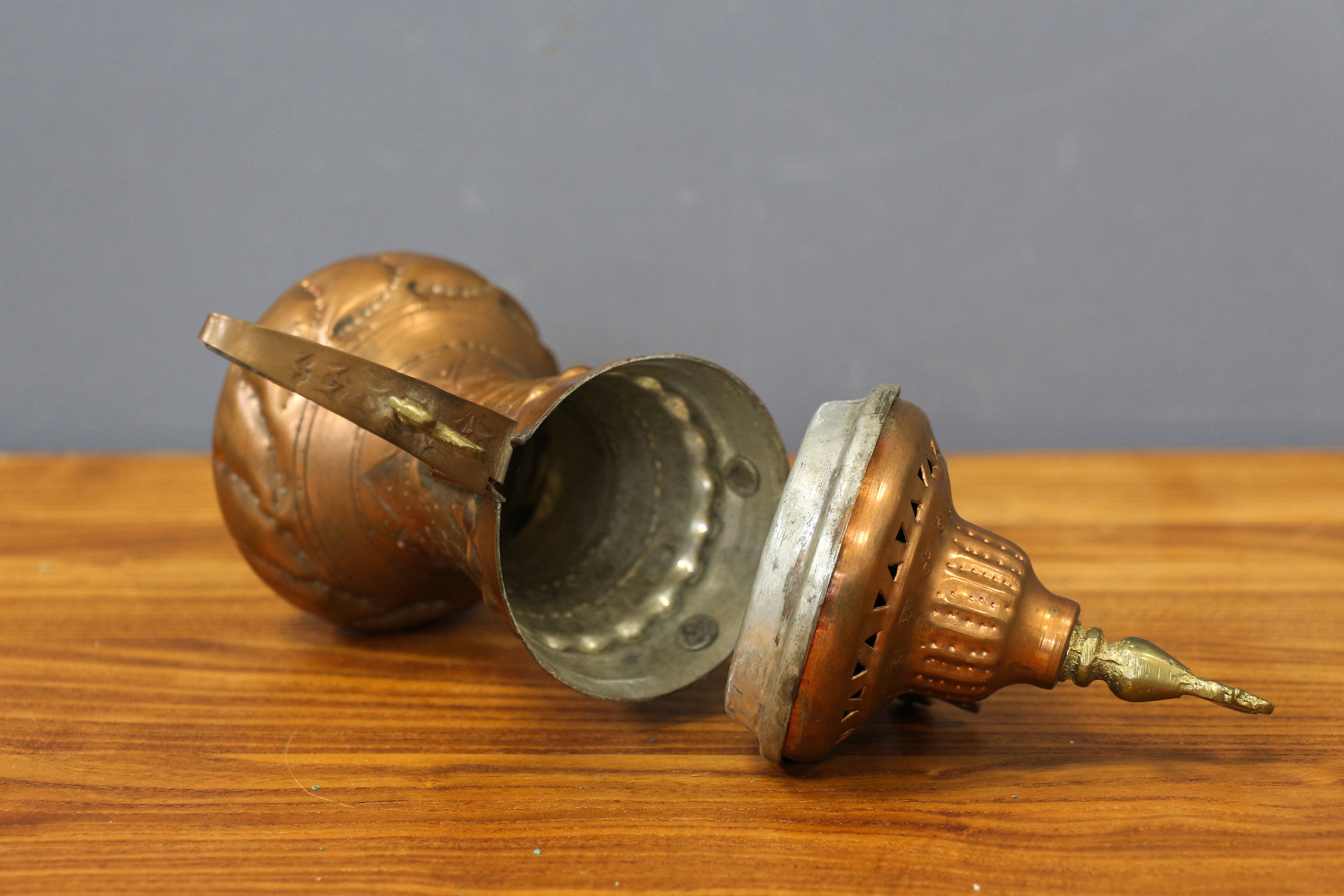 Antique Middle Eastern Copper Coffee Pot, Etched Ottoman