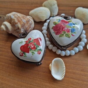 Pair Heart Porcelain Jewelry boxes, Floral Lidded Trinket Boxes, Porcelain Jewelry two boxes, Germany Luxury Trinket Box, Ceramic Ring Box.