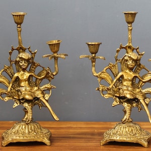 Antique Brass Candlesticks With Cherubs, Candelabras Putti Angels, Religious decor for home altar catholi, Candlesticks for the fireplace.