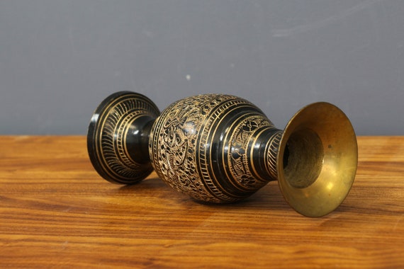 Vintage Small Brass Black Vase, Handmade Etched Bronze Vase From