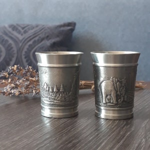 Pewter small Cups, Pewter Collectible pair Shot Glasses, Tin Shot Goblets, Vintage Pewter Barware, Pewter Mini Shot Cups.
