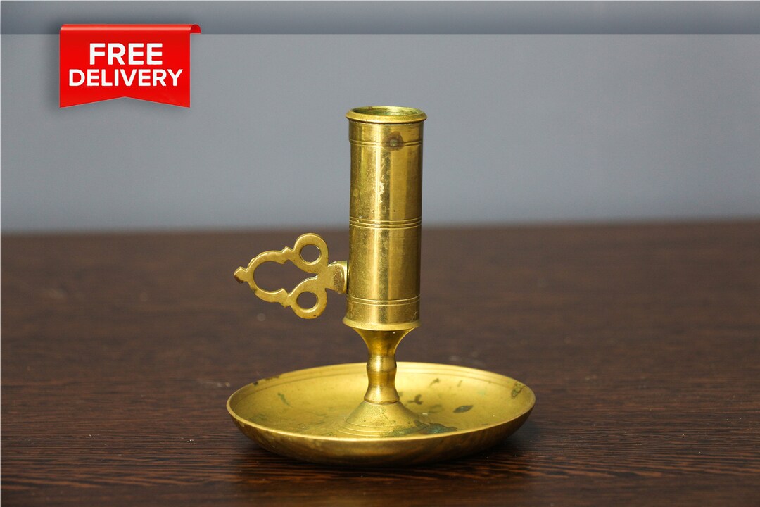 Antique Brass Chamber Candle Holder, Adjustable Brass Candlestick Push