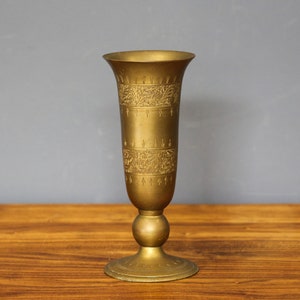 Handmade Etched Brass Vase, Vintage Brass Slim Vase, Small Brass Cup from India, Vintage Etched Brass Fluted Vase, Enamel  Floral Design!