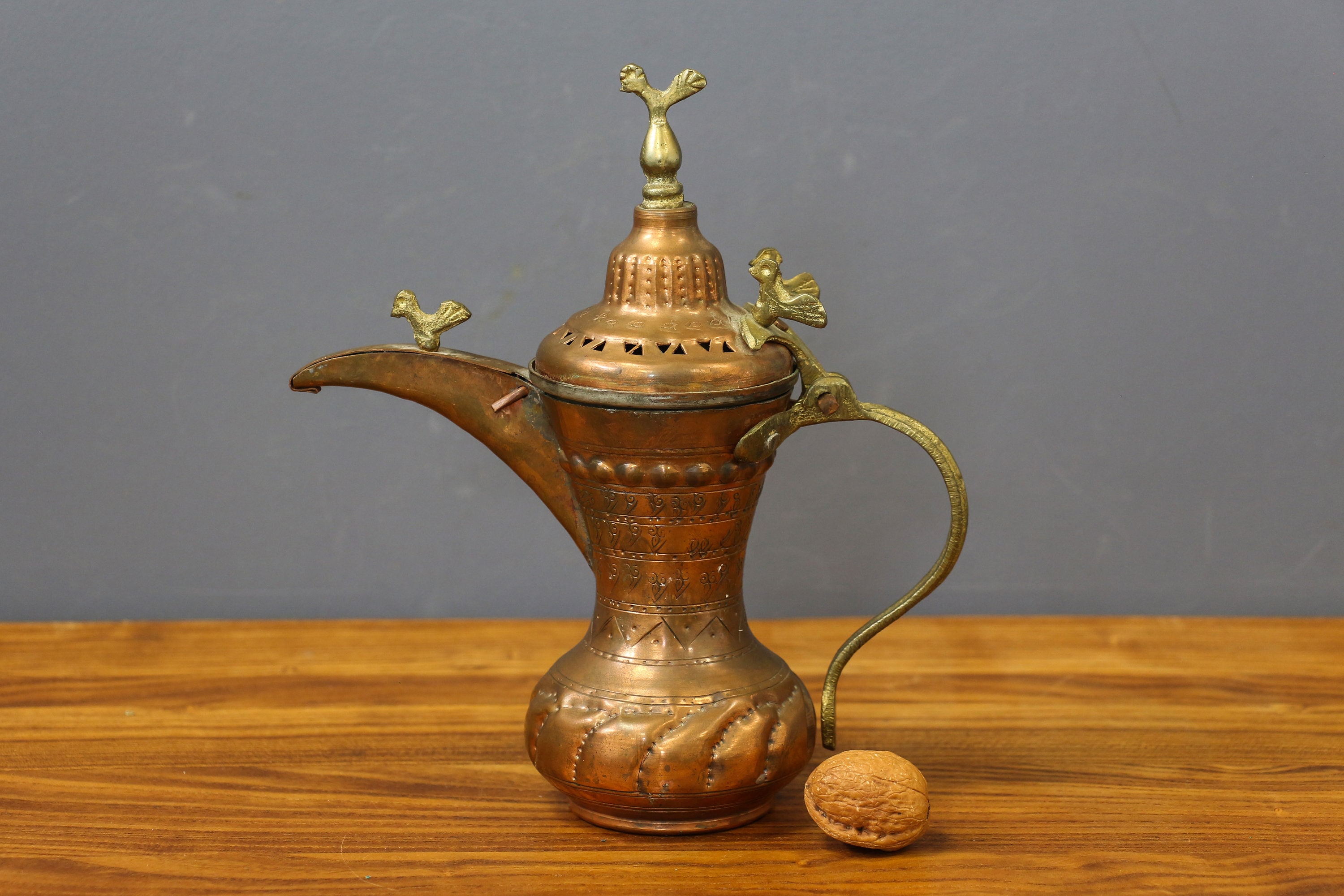 Antique Middle Eastern Copper Coffee Pot, Etched Ottoman