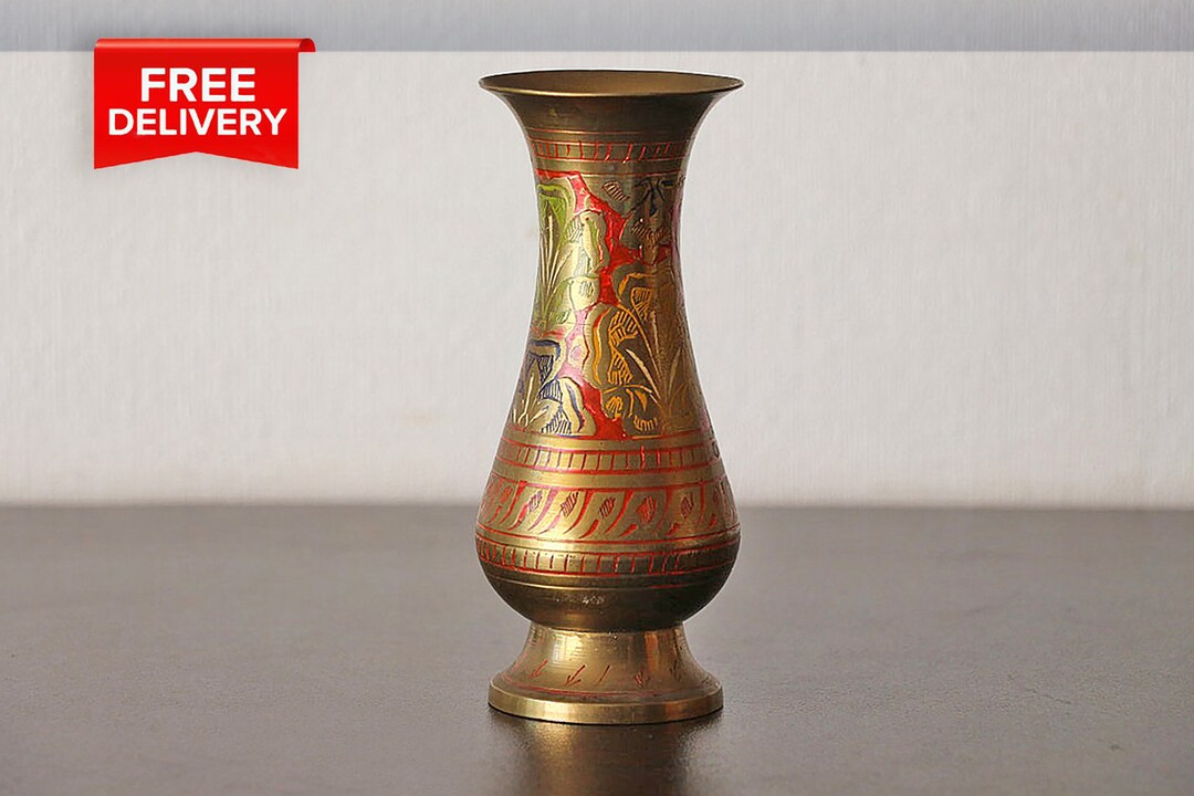 Vintage Brass Engraved Vase. Handmade Etched Brass Copper Etsy