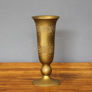 Handmade Etched Brass Vase, Vintage Brass Slim Vase, Small Brass Cup from India, Vintage Etched Brass Fluted Vase, Enamel  Floral Design!