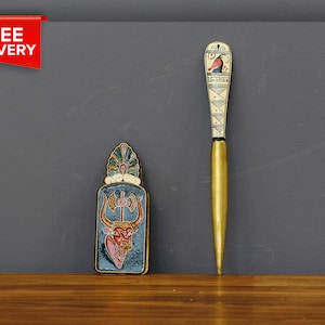 Prendedor de correio grego vintage de bronze pesado, porta-papéis e abridor de cartas, decoração de escritório em formato de punhal, acessórios de mesa em latão/bronze.