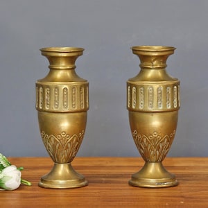 Vintage  Pair Brass Vases. Small Cute Art-Deco Vases. Engraved Figurative Design. English Brass Design Urn. Antique Brass Amphora.