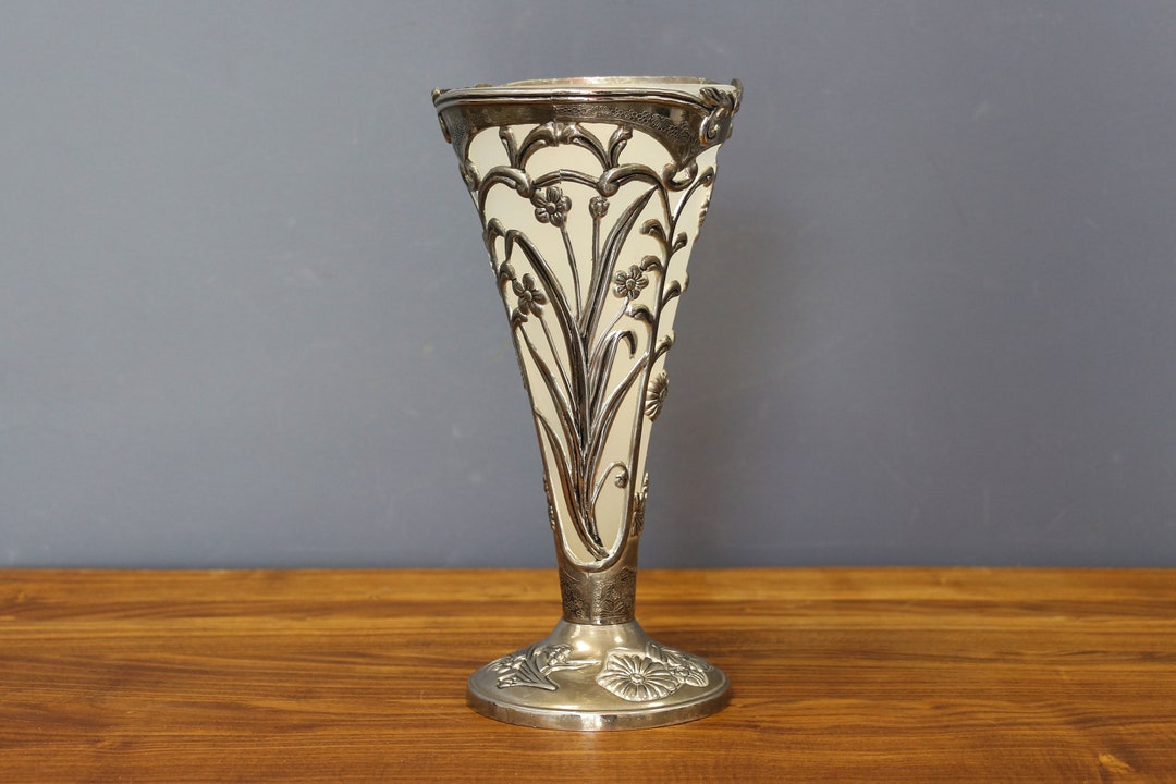Vintage Art Nouveau Vase Cased Silver Victorian Floral Overlay Etsy