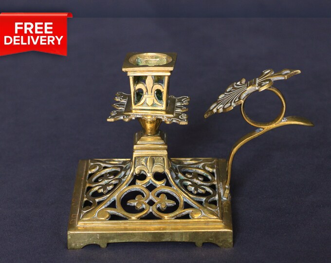 Brass Square Chamber Candlestick With Handle, Royal Brass Candle Holder