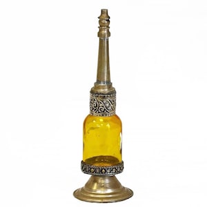 Vintage Moroccan Glass Perfume Bottle, Handcrafted Yellow glass Perfume Sprinkler, Glass Bottle wrapped with Decorative Embossed metal.