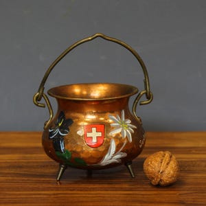 Caldero de cobre martillado con asa, pequeño macetero de cobre para flores, mini caldero ritual, caldero de cobre de bruja, recipiente pintado de cobre