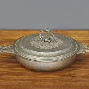 Ancient bowl with ears covered with pewter  Fleur de Lis, Broth Bowl French Pewter two-handled ornate,  Porringer Dish with Lid and Handles.