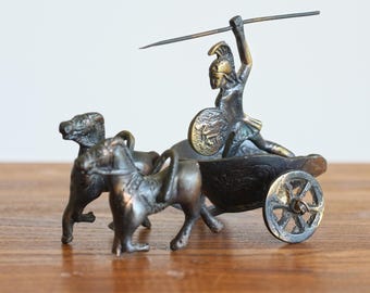 Vintage Bronze Roman Gladiator Chariot Sculpture, Horse Drawn Figurine, Home Decor