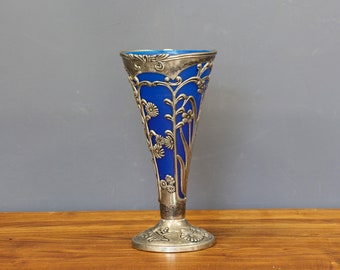 Vintage Art Nouveau Silver-plated Vase,  Cased Silver Victorian floral overlay Flower Vase Urn.