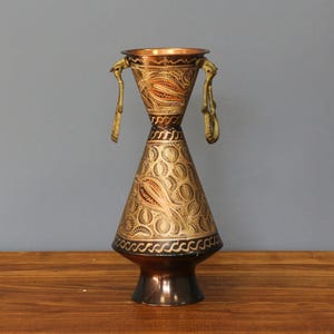 Vintage Copper Handmade Turkish Vase. Enamel, Hand Painted Islamic Vase with Bronze Handles-Ears, Etched Medium size Unique Amphora.