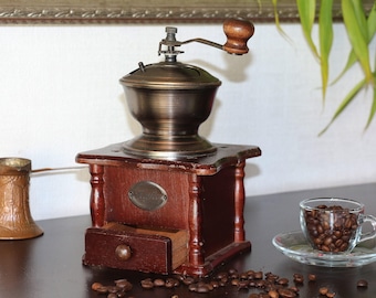Vintage Wooden Coffee Grinder, Antique European Coffee Grinder, Kitchen Decoration.