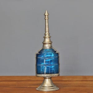 Antique Moroccan Glass Perfume Bottle, Handcrafted Blue glass Perfume Sprinkler, Glass Bottle wrapped with Decorative Embossed metal.