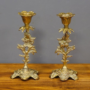 Antique Brass Ornate Pair Candlesticks, Art Nouveau French Candelabras, Embossed Leaf Two Candle Holders, Brass Small Elegant Candlesticks.