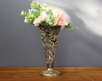 Art Nouveau Silver-Plated Vase, Ornate Victorian floral Urn, Embossed Home Decor For Dry flowers, Elegant Gift For Her.