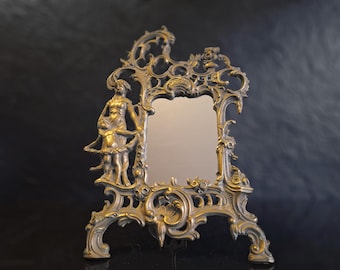 Bronze Baroque Table Mirror, French Ornate Bronze Mirror, Table Mirror Lady Face, Standing Boudoir Mirror from 1786