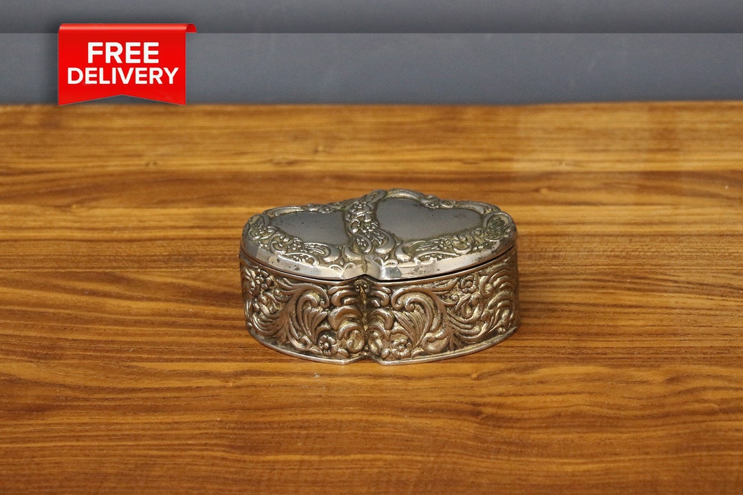 Vintage Pewter Jewellery Box, Two Hearts Antique Trinket Box, Engraved