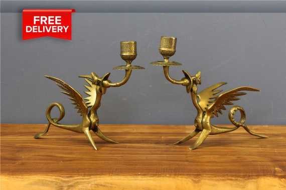 Antique Griffin Chamber Candlesticks Neo-gothic. Brass Winged Dragon  Candleholders. Phoenix Firebird Griffin Mythical Gothic Altar. 