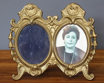 Antique Brass Double Oval Picture Frame, Art Nouveau Decor