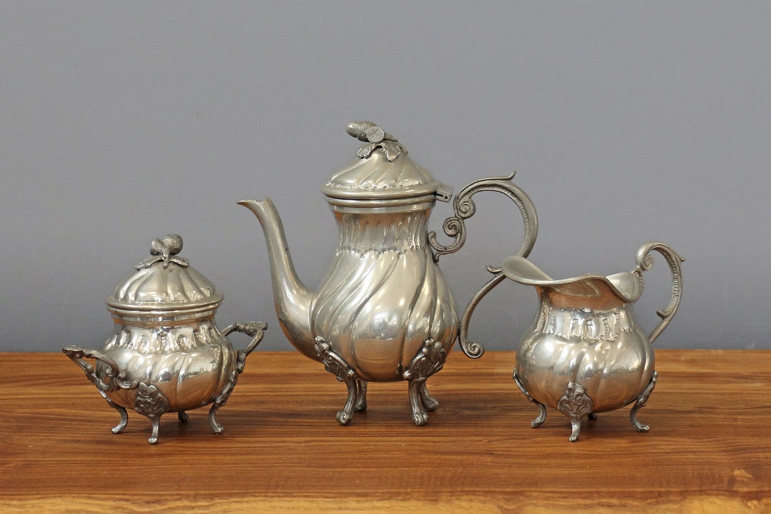 Antique Pewter Teapot Set Vintage Coffee Setcoffee Pot Milk Etsy