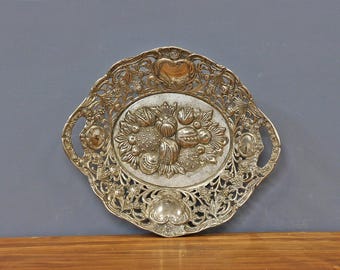 Antique Silver Tone Bowl with Floral Design, Ornate Reticulated Metal Bowl, Large Double Handle Embossed Plate, Centerpiece Stunning Bowl.