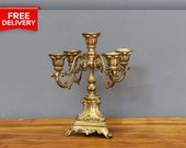 Vintage Victorian Bronze Candle Holder, Brass Ornate Five Arms Candlestick, Baroque Bronze Candelabra, Church Five-Armed Candle Holder.