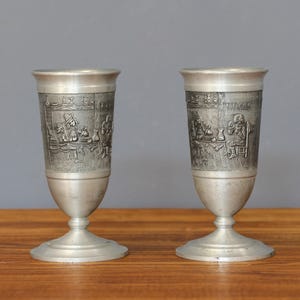 Pewter Cups For Aperitifs, Pewter Collectible German Cups, Tin Shot Goblets, Vintage Zinn Pewter Barware, Pewter Chalice Angel Hallmark.