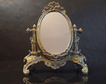 Antique Bronze Ornate French Baroque Table Mirror, Standing Boudoir Vanity Mirror