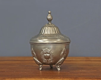 Vintage Silver Plated Sugar Bowl, Arabian Silver Plated Bowl with lid, Beautiful Silver Plated Candy Bowl, Ornate Silver Plated Footed bowl.