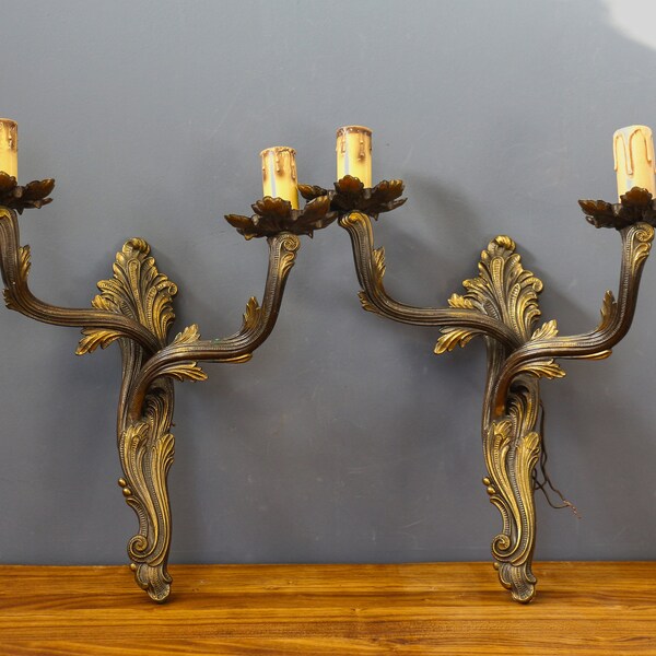 French Bronze Pair Wall Lights Sconces. Victorian Ornate Elegant Sconces. Brass Applique Light Set. Two Arms Sconces design of leaves.