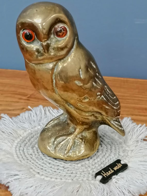 Brass Owl Figurine With Orange Eyes, Collectable Owl Figurine Paperweight,  Smart Decorative Owl, Solid Brass Wise Owl Sculpture. 