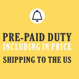 The image is a bold, black and white advertisement for a pre-paid duty service, including shipping to the US.