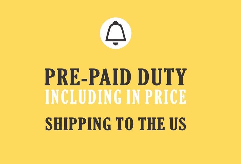 The image is a bold, black and white advertisement for a pre-paid duty service, including shipping to the US.