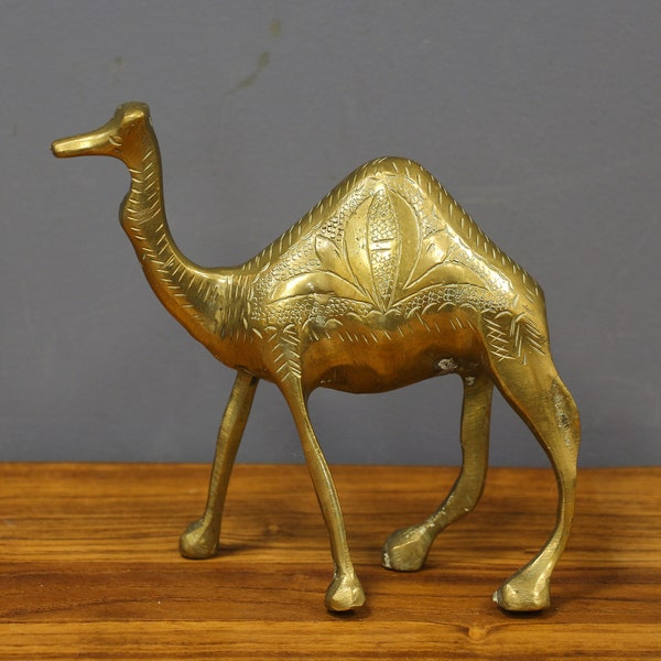 Vintage Brass Figurine Etched Camel, Engraved Animal Statue, Elegant Brass one-humped Camel , Brass Indian Camel Statue.