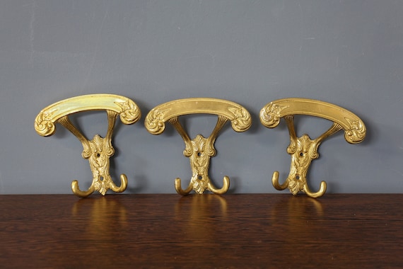 Brass Ornate Wall Hooks, Mod Dep Italy Wall Bronze Hooks, Set of 3